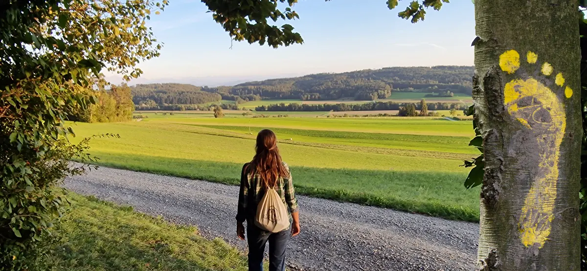 Marina Rauchfuss schaut vom Waldrand aus die Aussicht an und neben ihr ist ein Baumstamm auf dem ein gelber Fussabdruck ist