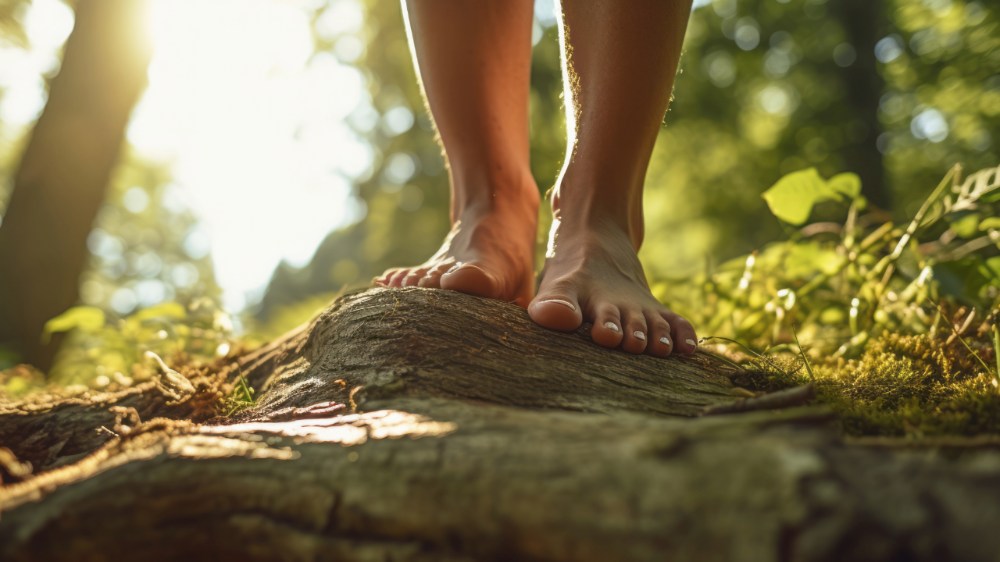 Barfuss auf einer Wurzel im Wald stehen