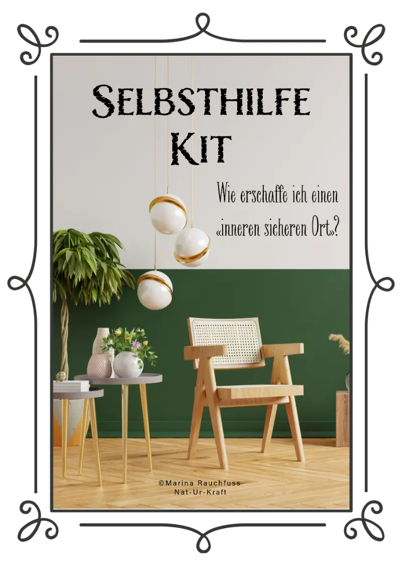 Abbildung des Buches Selbsthilfe-Kit "Wie erschaffe ich einen inneren sicheren Ort"?. Zu sehen ist ein Raum mit einem Holzstuhl, 3 Lampen die von der Decke hangen, ein Beistellstisch und ein paar Pflanzen